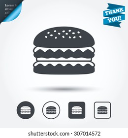 Hamburger icon. Burger food symbol. Cheeseburger sandwich sign. Circle and square buttons. Flat design set. Thank you ribbon. Vector