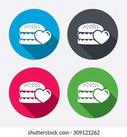 Hamburger icon. Burger food symbol. Cheeseburger sandwich sign. Circle buttons with long shadow. Vector