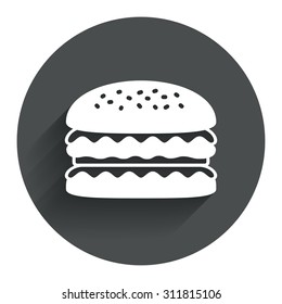 Hamburger icon. Burger food symbol. Cheeseburger sandwich sign. Circle flat button with shadow. Modern UI website navigation. Vector