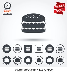 Hamburger icon. Burger food symbol. Cheeseburger sandwich sign. Circle, star, speech bubble and square buttons. Award medal with check mark. Thank you. Vector