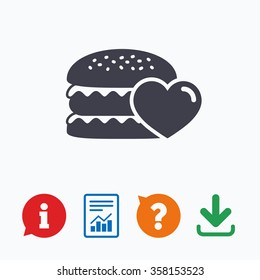 Hamburger icon. Burger food symbol. Cheeseburger sandwich sign. Information think bubble, question mark, download and report.