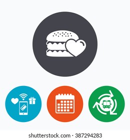 Hamburger icon. Burger food symbol. Cheeseburger sandwich sign. Mobile payments, calendar and wifi icons. Bus shuttle.