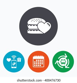 Hamburger icon. Burger food symbol. Cheeseburger sandwich sign. Mobile payments, calendar and wifi icons. Bus shuttle.