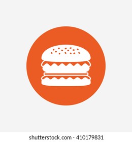 Hamburger icon. Burger food symbol. Cheeseburger sandwich sign. Orange circle button with icon. Vector