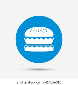 Hamburger icon. Burger food symbol. Cheeseburger sandwich sign. Blue circle button with icon. Vector