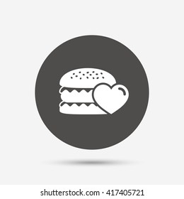 Hamburger icon. Burger food symbol. Cheeseburger sandwich sign. Gray circle button with icon. Vector