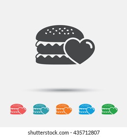 Hamburger icon. Burger food symbol. Cheeseburger sandwich sign. Graphic element on white background. Colour clean flat cheeseburger icons. Vector
