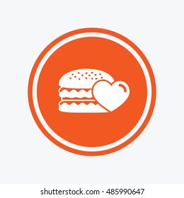 Hamburger icon. Burger food symbol. Cheeseburger sandwich sign. Graphic design element. Flat hamburger symbol on the round button. Vector