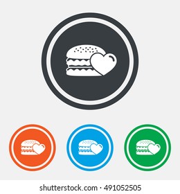 Hamburger icon. Burger food symbol. Cheeseburger sandwich sign. Graphic design web element. Flat hamburger symbol on the round button. Vector