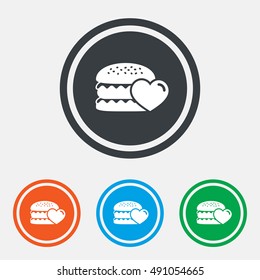Hamburger icon. Burger food symbol. Cheeseburger sandwich sign. Graphic design web element. Flat cheeseburger symbol on the round button. Vector