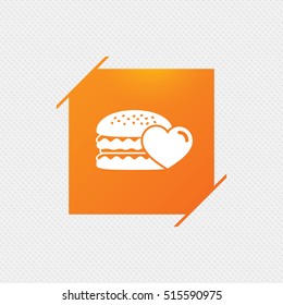 Hamburger icon. Burger food symbol. Cheeseburger sandwich sign. Orange square label on pattern. Vector