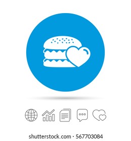 Hamburger icon. Burger food symbol. Cheeseburger sandwich sign. Copy files, chat speech bubble and chart web icons. Vector