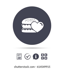 Hamburger icon. Burger food symbol. Cheeseburger sandwich sign. Report document, information and check tick icons. Currency exchange. Vector