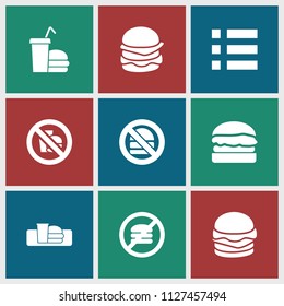 Hamburger icon. collection of 9 hamburger filled icons such as burger, no fast food, menu, cheeseburger, soda and burger. editable hamburger icons for web and mobile.