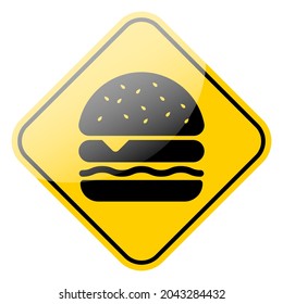 Icono de Hamburguesa. Queso de comida rápida eburger Símbolo negro aislado en el marco amarillo del cartel de la calle. Ilustración vectorial.