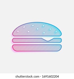 Hamburger icon. Fast food. Colored logo with diagonal lines and blue-red gradient. Neon graphic, light effect