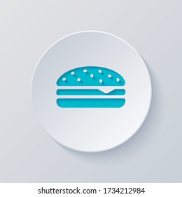 Hamburger icon. Fast food. Cut circle with gray and blue layers. Paper style