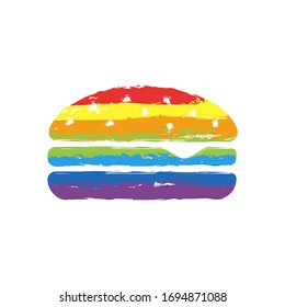 Hamburger icon. Fast food. Drawing sign with LGBT style, seven colors of rainbow (red, orange, yellow, green, blue, indigo, violet
