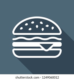 Hamburger icon. Fast food. Linear outline symbol. White flat icon with long shadow on blue background