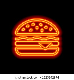 Hamburger icon. Fast food. Linear outline symbol. Orange neon style on black background. Light icon
