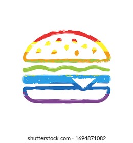 Hamburger icon. Fast food. Linear outline symbol. Drawing sign with LGBT style, seven colors of rainbow (red, orange, yellow, green, blue, indigo, violet