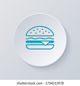 Hamburger Ikone. Schnelles Essen. Symbol für lineare Umrisse. Schneiden Sie den Kreis mit grauen und blauen Schichten. Papierstil