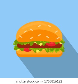 Hamburger icon of fast food with long shadow. Vector stock illustration in flat cartoon style . Hamburger with cheese, tomato, meat and vegetables isolated on blue background. 