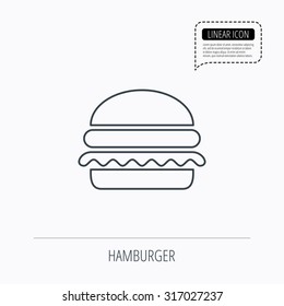 Hamburger Icon. Fast Food Sign. Burger Symbol. Linear Outline Icon. Speech Bubble Of Dotted Line. Vector