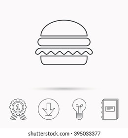 Hamburger icon. Fast food sign. Burger symbol. Download arrow, lamp, learn book and award medal icons.