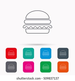 Hamburger icon. Fast food sign. Burger symbol. Linear icons in squares on white background. Flat web symbols. Vector