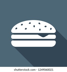 Hamburger icon. Fast food. White flat icon with long shadow on blue background