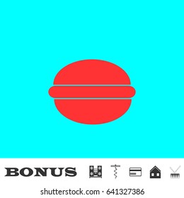 Hamburger icon flat. Red pictogram on blue background. Vector illustration symbol and bonus buttons Music center, corkscrew, credit card, house, drum