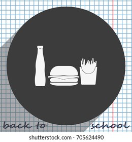 Hamburger icon. French fries and beverage illustration.