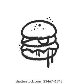 Hamburger icon. Grunge street fast food burger in y2k urban graffiti style with streaks. Black air sprayed graphic. Spray textured vector illustration for t-shirts; banners; labels; cover; print