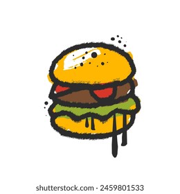 Hamburger icon. Grunge street fast food burger in y2k urban graffiti style with streaks. Black air sprayed graphic. Spray textured vector illustration for t-shirts; banners; labels; cover; print