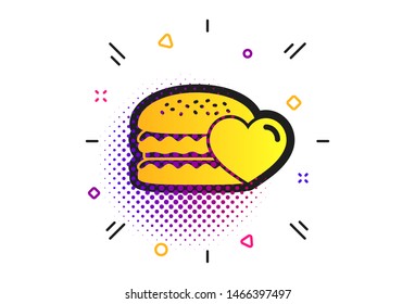 Hamburger icon. Halftone dots pattern. Burger food symbol. Cheeseburger sandwich sign. Classic flat hamburger icon. Vector