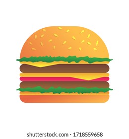 Hamburger icon isolated on white background. Street food lunch and take away fast food menu. Delicious burger or sandwich from bun, cheese, meat cutlet, tomato and lettuce vector illustration.