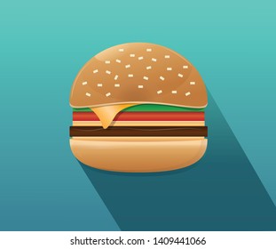 Hamburger icon with long shadow. Flat style vector illustration. Hamburger with cheese, tomato, meat and vegetables. Fast food.