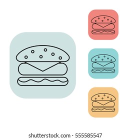 Hamburger icon, outline thin line isolated vector sign symbol, on white, red, blue, yellow and grey background. Food and drink elements. Can be used in logo, UI and web design