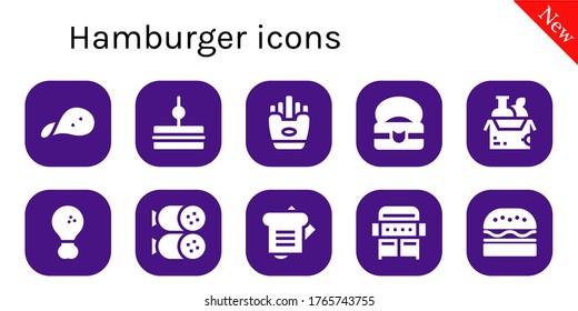 conjunto de iconos de hamburguesa. 10 íconos de hamburguesa rellenos. Incluido Snack, Sandwich, Fries, Comida, pollo frito, Salami, Grill, íconos de la hamburguesa
