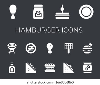 hamburger icon set. 14 filled hamburger icons. Included Fried chicken, Food, Sandwich, Dish, Bbq, No food, Hamburger, Grill, Burger icons