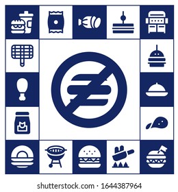 hamburger icon set. 17 filled hamburger icons. Included Fast food, Grill, Fried chicken, No food, Food, Burger, Snack, Dish, Bbq, Salami, Sandwich, Fry icons