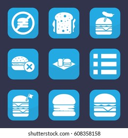 Hamburger icon. set of 9 filled hamburger icons such as no fast food, double burger with flag, burger with sausage, cheeseburger, sandwich