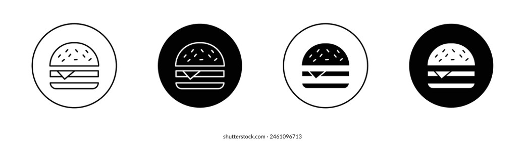 Hamburger icon set. bun bread burger vector symbol. cheeseburger sign in black filled and outlined style.