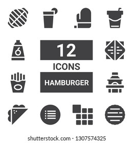 hamburger icon set. Collection of 12 filled hamburger icons included Hamburger, Menu, Sandwich, Grill, Fries, Beverage, Food, Mitt