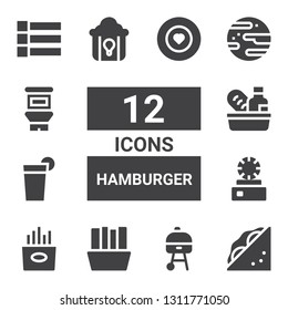hamburger icon set. Collection of 12 filled hamburger icons included Sandwich, Grill, Fries, Dish, Beverage, Food, Fried chicken, Jawbreaker, Menu