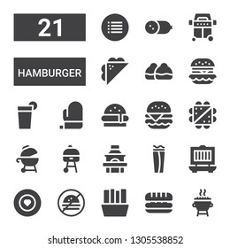 hamburger icon set. Collection of 21 filled hamburger icons included Grill, Sandwich, Fries, No fast food, Food, Wrap, Burger, Mitt, Beverage, Hamburguer, Bun, Cold meat, Menu