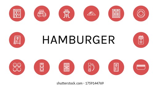 hamburger icon set. Collection of Menu, Fast food, Charcoal grill, Sandwich, Bagel, Burger bun, Burger, Snack, Minced meat, French fries icons