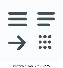 Conjunto de símbolos de menú, flecha y cuadrícula para la interfaz del App, el Diseño web y la interacción digital. Vector para la navegación del usuario.