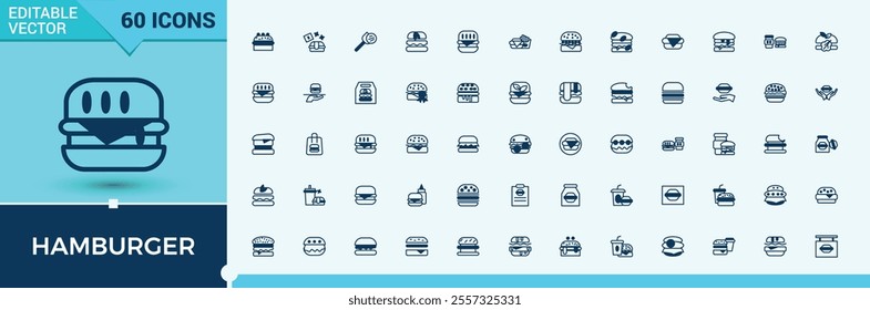 Hamburger icon set. Related to sandwich, american, bread, shape, fast food, fast, bun, food. Outline icons pack. Solid line editable stroke. Vector line and solid icons.